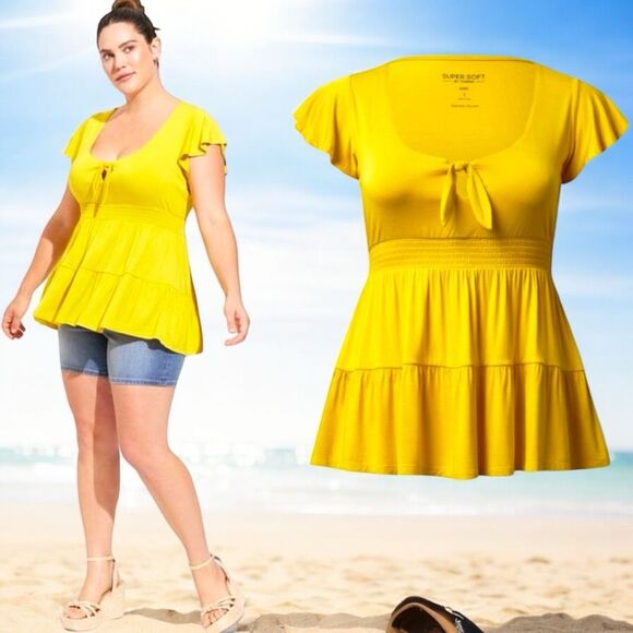 Torrid Yellow Super Soft Tie Front Keyhole Babydoll Top Size 2 2XL - Picture 1 of 11